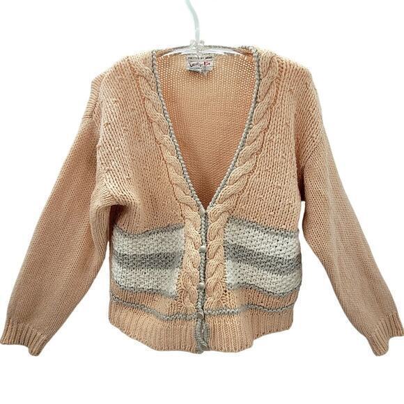 Licorice Vintage Peach Cream Striped Cable Knit V neck Cardigan Sweater Jacket - Picture 1 of 13